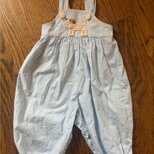 Charming Blue Gingham Kids Overalls with Dog Applique